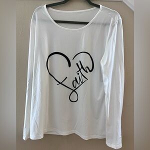 White Faith Long Sleeve Shirt w/Heart Faith Design Cross on sleeve Woman large